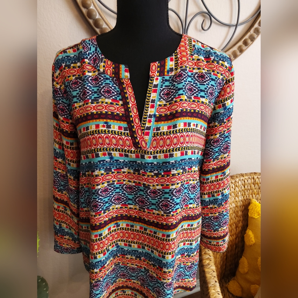 Cato Multicolor Patterned V-Neck Tunic - Picture 5 of 11
